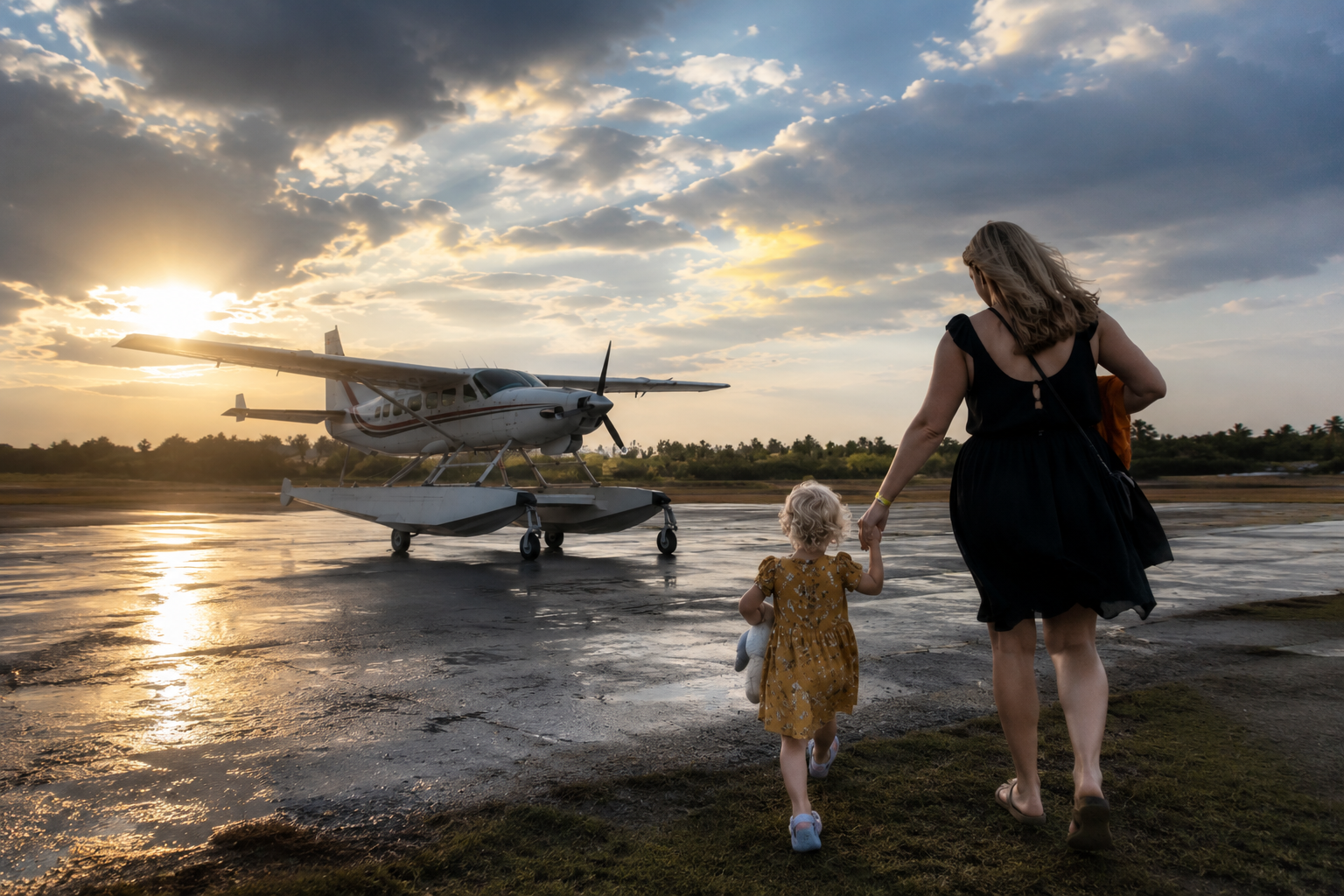 Familie på vej mod et fly